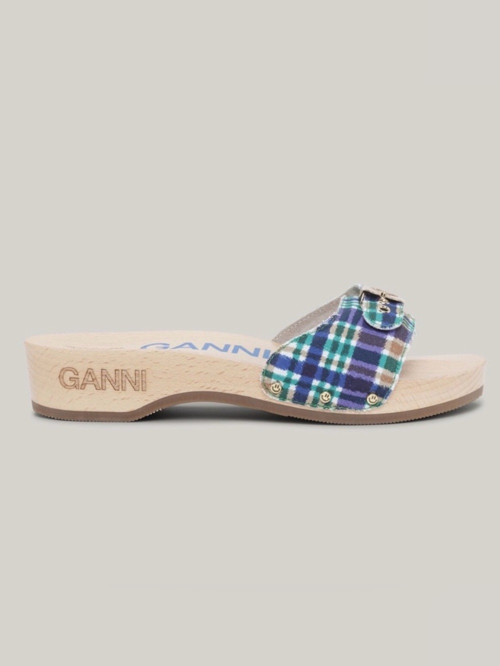 GANNI x Dr. Scholl’s Blue Plaid Buckle Wooden Clogs Slides Retro Size 7